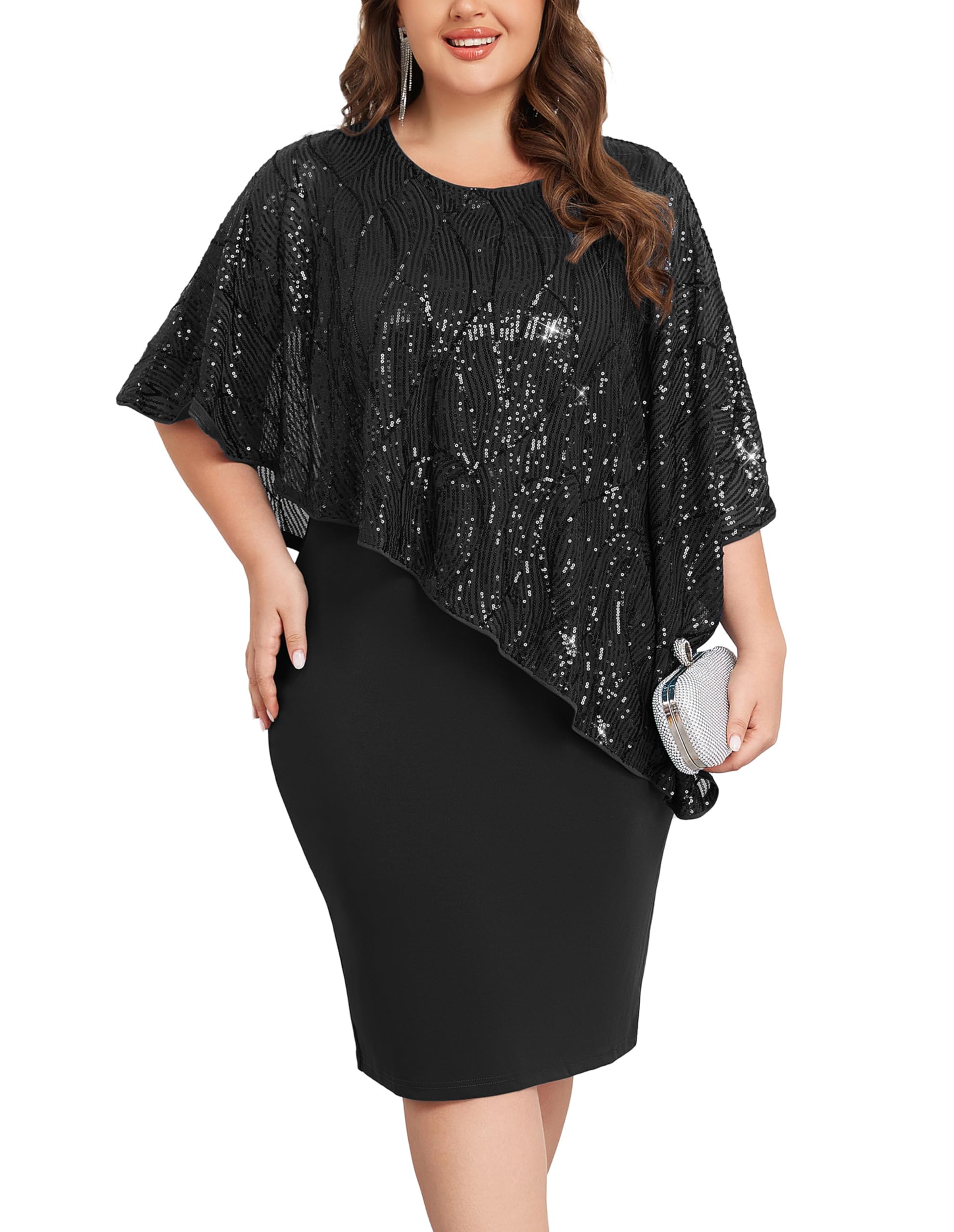 Photo 1 of Hanna Nikole Women's Sleeveless Cape Dress with Sequin Overlay Sequin Bodycon Pencil Dress XX-Large BLUE