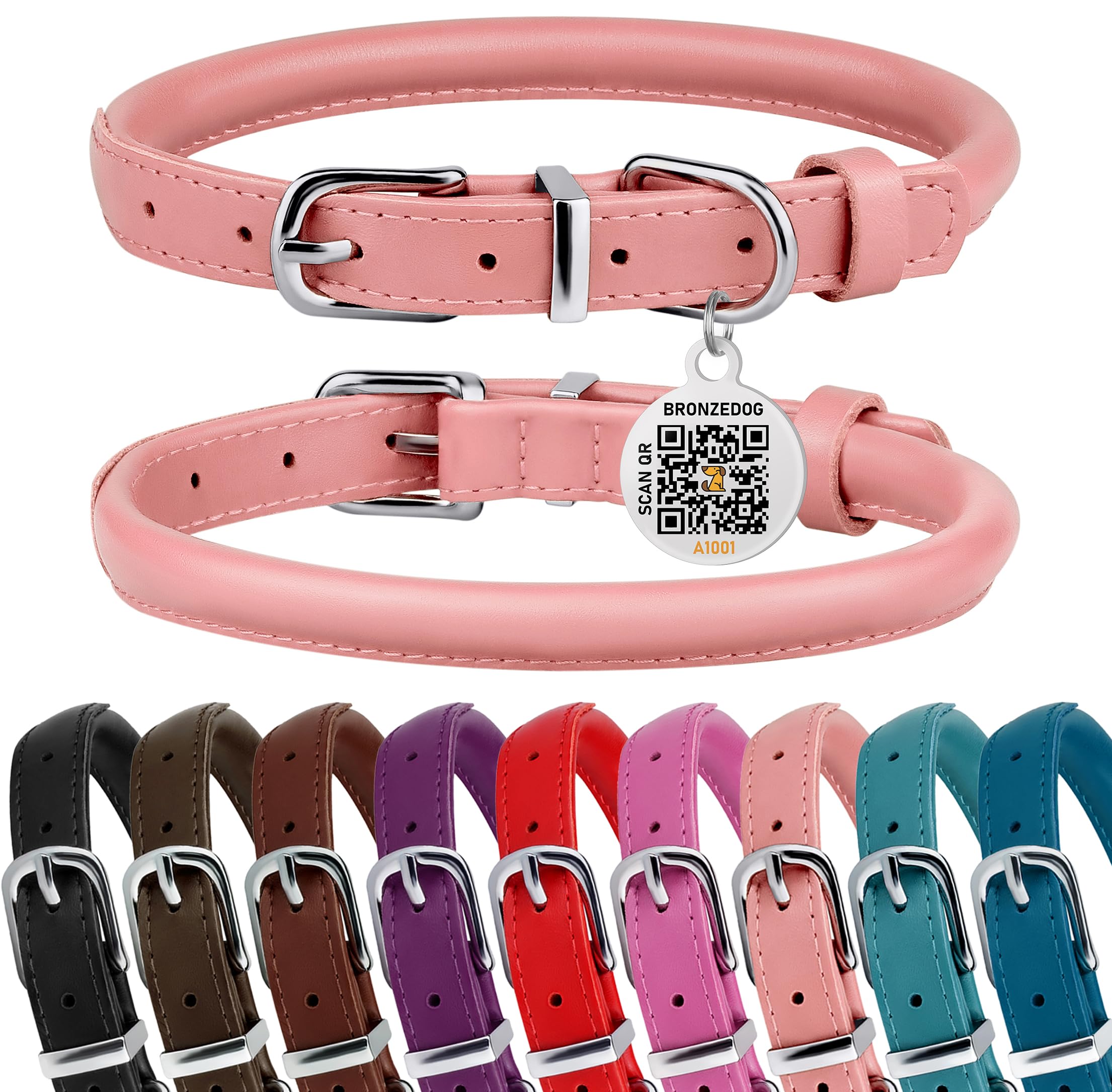 Photo 1 of BRONZEDOG Rolled Leather Dog Collar for Small Medium Large Dogs with QR ID Tag (M: 14-16 Inch, Powder Pink)