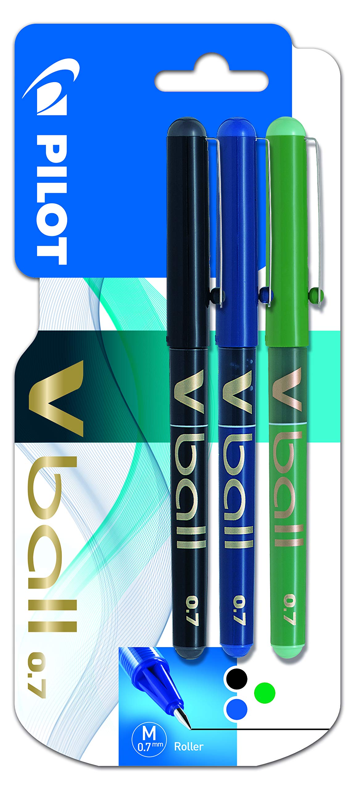 PILOT V Ball 07 Liquid Ink Rollerball Pens 0.7mm Tip Black/Blue/Green Ink Blistercard 3 Pens, 3131910540878UK