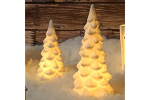 AOMOONOA White Ceramic Christmas Trees, 2Pcs Light Up Porcelain Christmas Tree, Matte White Small Xmas Tree with Lights, Tabletop Tree Figurines for Modern Home Decoration, DIY Village