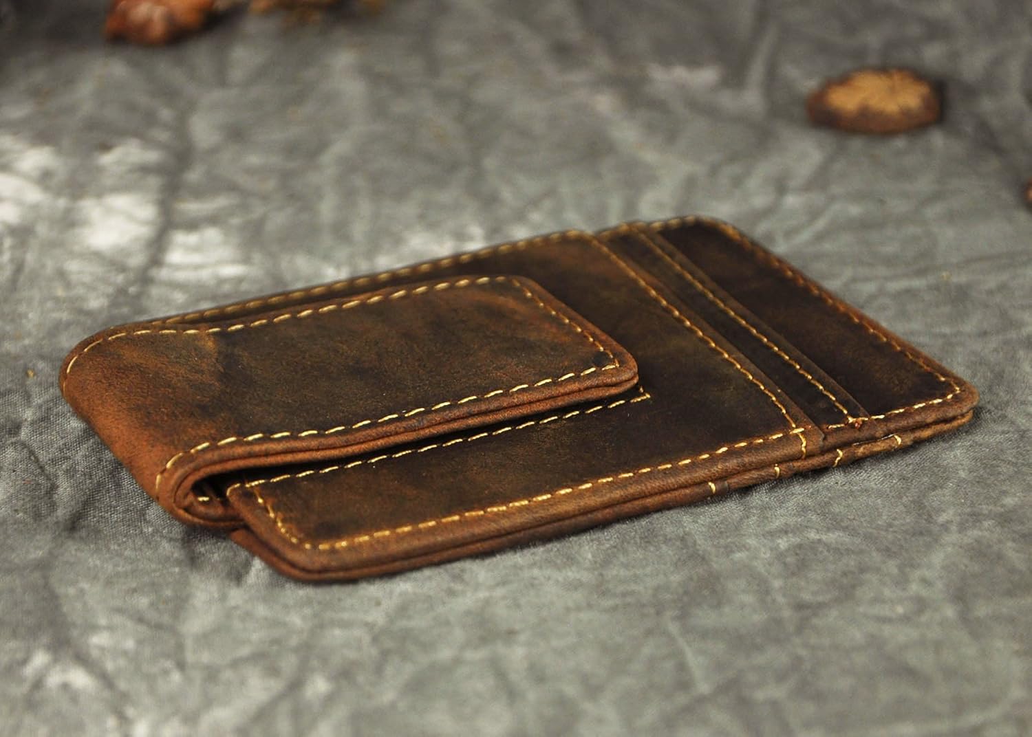 Le'aokuu Mens Genuine Leather Cowhide Magnet Money Clip Credit Case Case Holder Slim Wallet 1058 (1058 A-Dark Brown) - Image 5