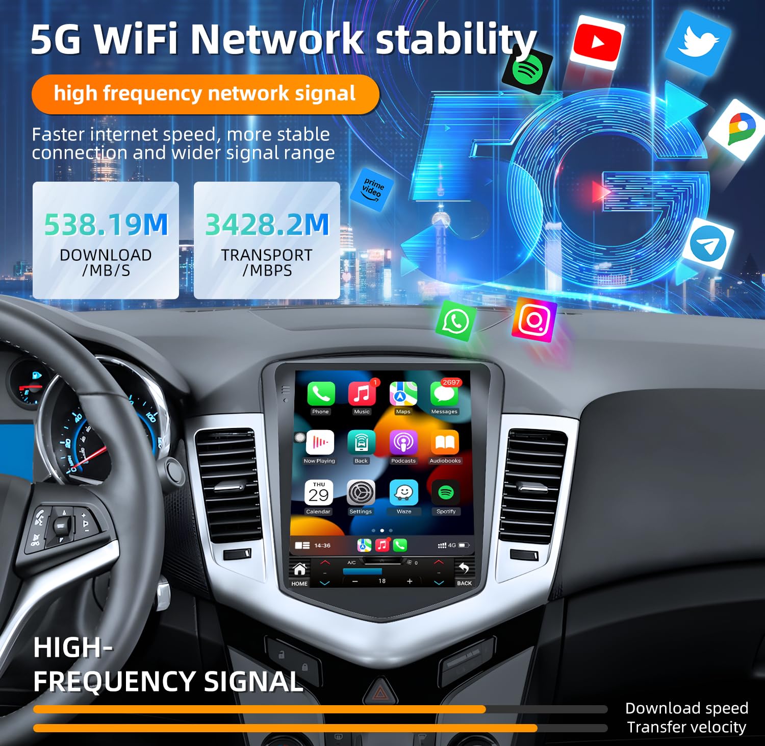 4Core 64ROM Car Radio for Chevrolet Chevy Cruze 2009-2015: Upgrade Touchscreen Tesla Style Stereo Head Unit Wireless CarPlay Android Auto 5G WiFi GPS Bluetooth 5.0 FM RDS SWC Backup Camera