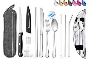 HOMMALY Portable Reusable Travel Utensils Silverware With Case, Camping Cutlery Set, Chopsticks and Straw, Flatware With Case, Stainless Steel Top (Silver)
