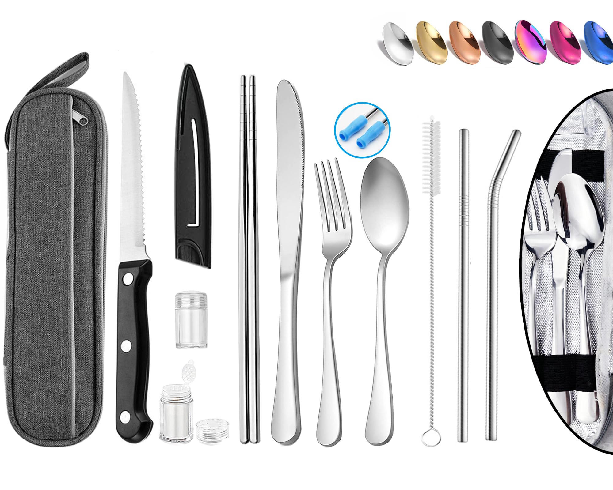 Photo 1 of Portable Reusable Travel Utensils Silverware With Case, Camping Cutlery Set, Chopsticks and Straw, Flatware With Case, Stainless Steel Top (Silver)