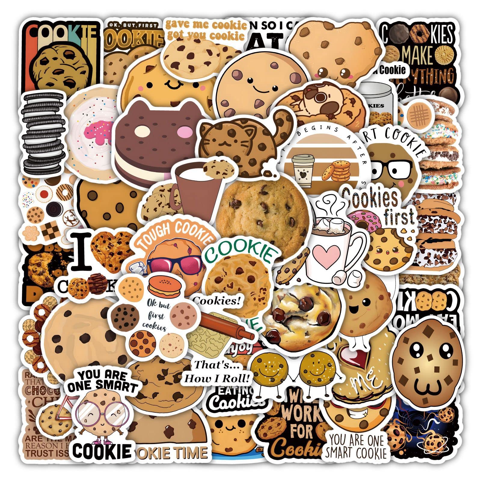 50Pcs Cookies Stickers Laptop Car Scrapbook Phone Skateboard Suitcase Luggage Bike Crackers Stickers Vinyl Waterproof Aesthetic Personalised Stickers for Teens Boys Girls Adults Children