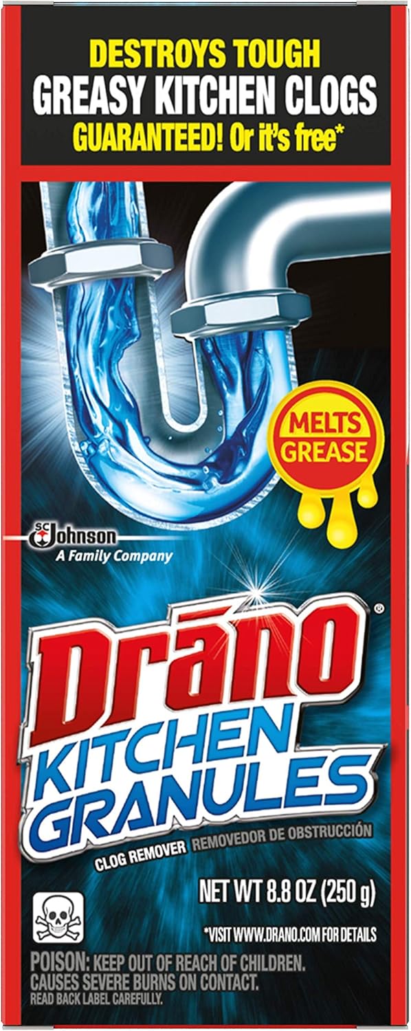Amazon Com Drano Kitchen Granules Drain Clog Remover And Cleaner Unclogs Blockage From Grease Or Cooking Oil 8 8 Oz Health Personal Care