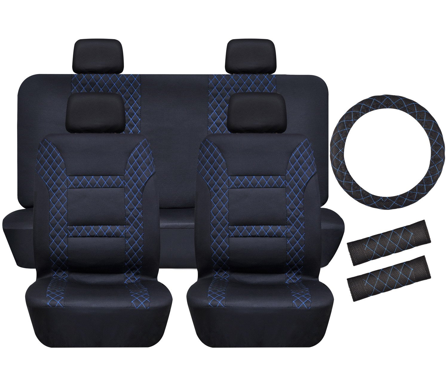 Full Car Seat Cover Universal Cover Breathable Durable Practical Car Seat Protector Cover Detachable Headrests and Solid Bench Black & Blue