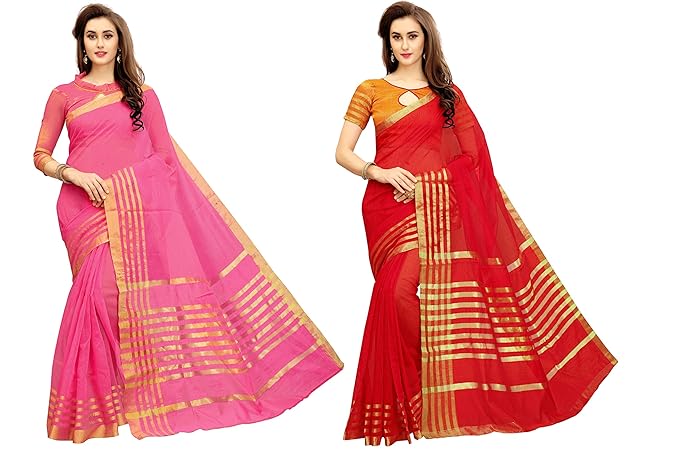 Womens Cotton Silk Saree Combo Pack of 2 (Multicolored)