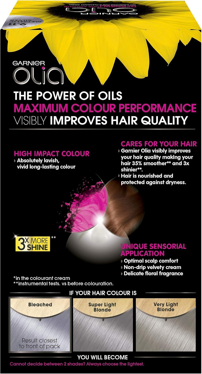 Garnier Olia Silver Hair Dye Permanent, Up to 100% Grey Hair Coverage, No Ammonia for a Pleasant Scent, 60% Oils - 9.11 Metallic Silver - Image 3