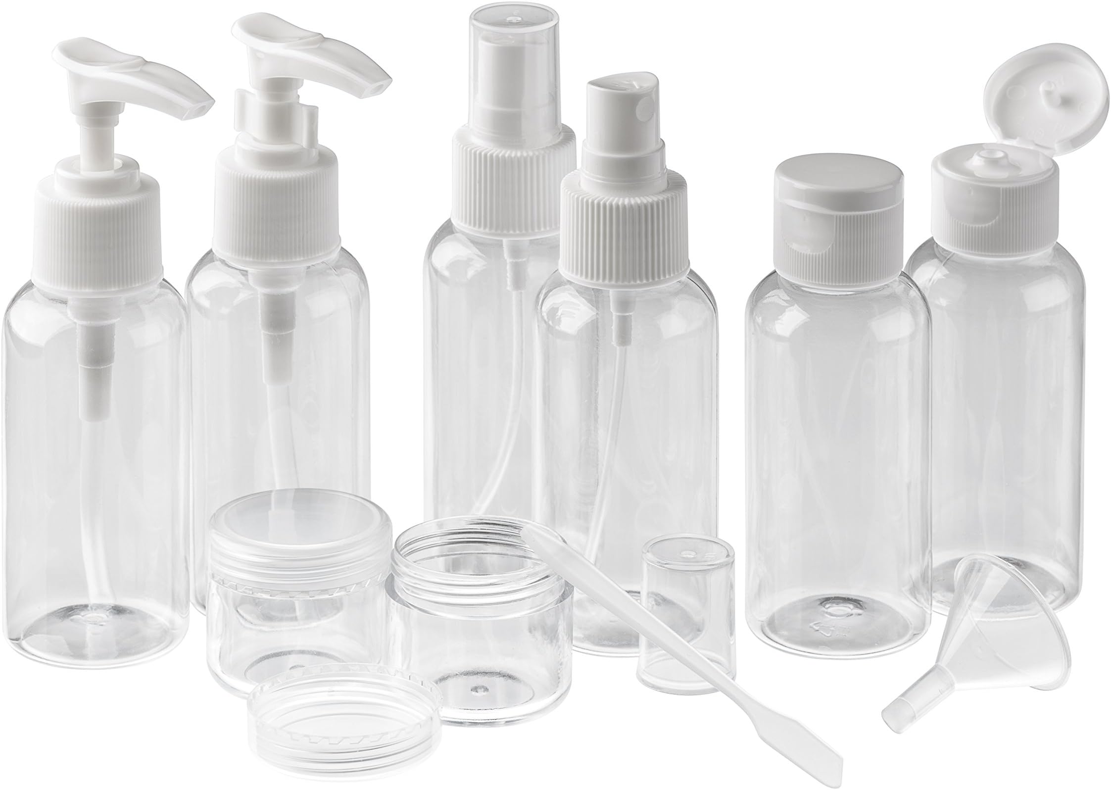 EasyLifeCare 11-Piece Travel Kit Storage Bottles โ Lightweight BPA Free Non-Toxic Pump & Spray Plastic Bottle Containers & Jars โ Ideal For Cosmetic, Bath & Shower Products โ TSA Screening Compliant
