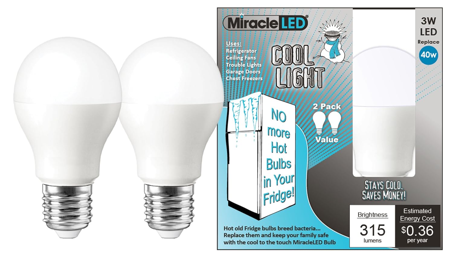 MiracleLED 606500 Refrigerator and Freezer Long Life Cool Light 2-Pack 2 Piece