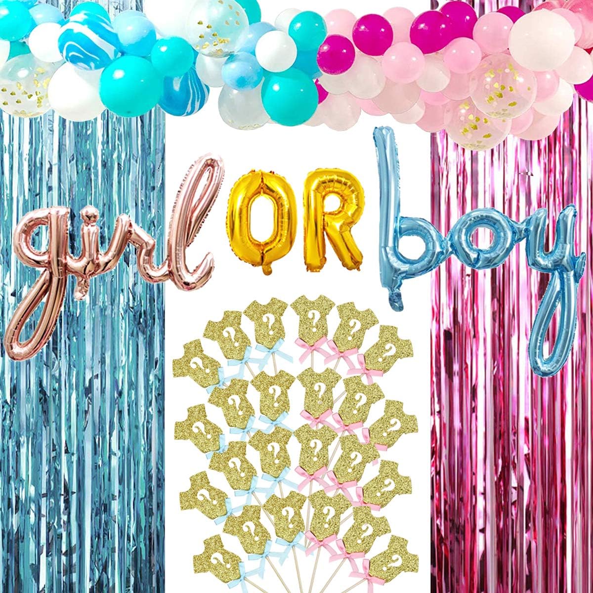 Baby Gender Reveal Party Supplies Decoration Favor Baby Shower Kit for Boy or Girl Foil Balloons,Pink Blue Balloon Garland Arch Kit/Metallic Tinsel Foil Fringe Curtains,Glitter Cupcake Toppers