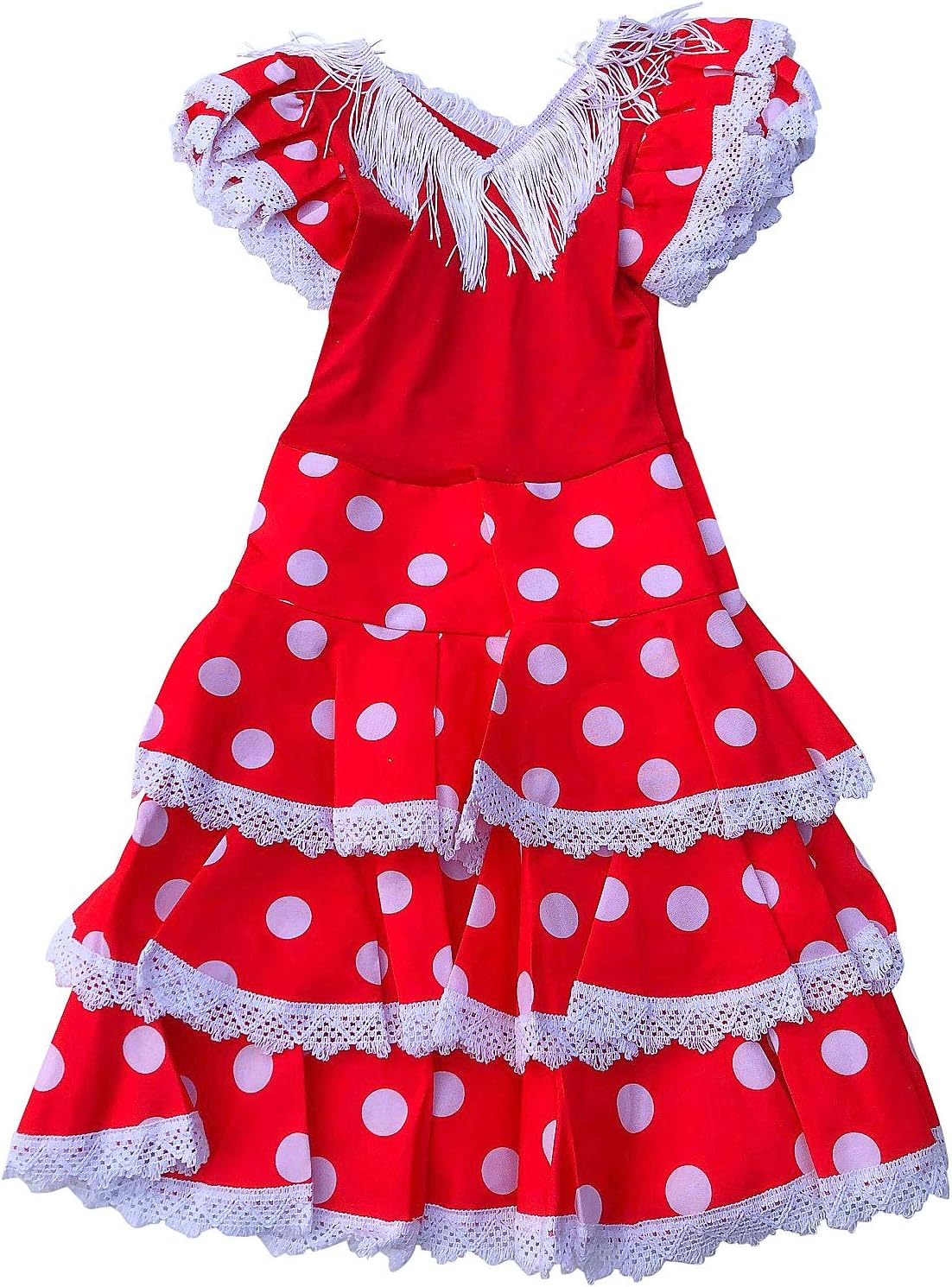La Senorita Spanish Flamenco Dress - Girls/Kids - Red/White Niño Deluxe (Size 12 - Length 95 cm 9-10 years)