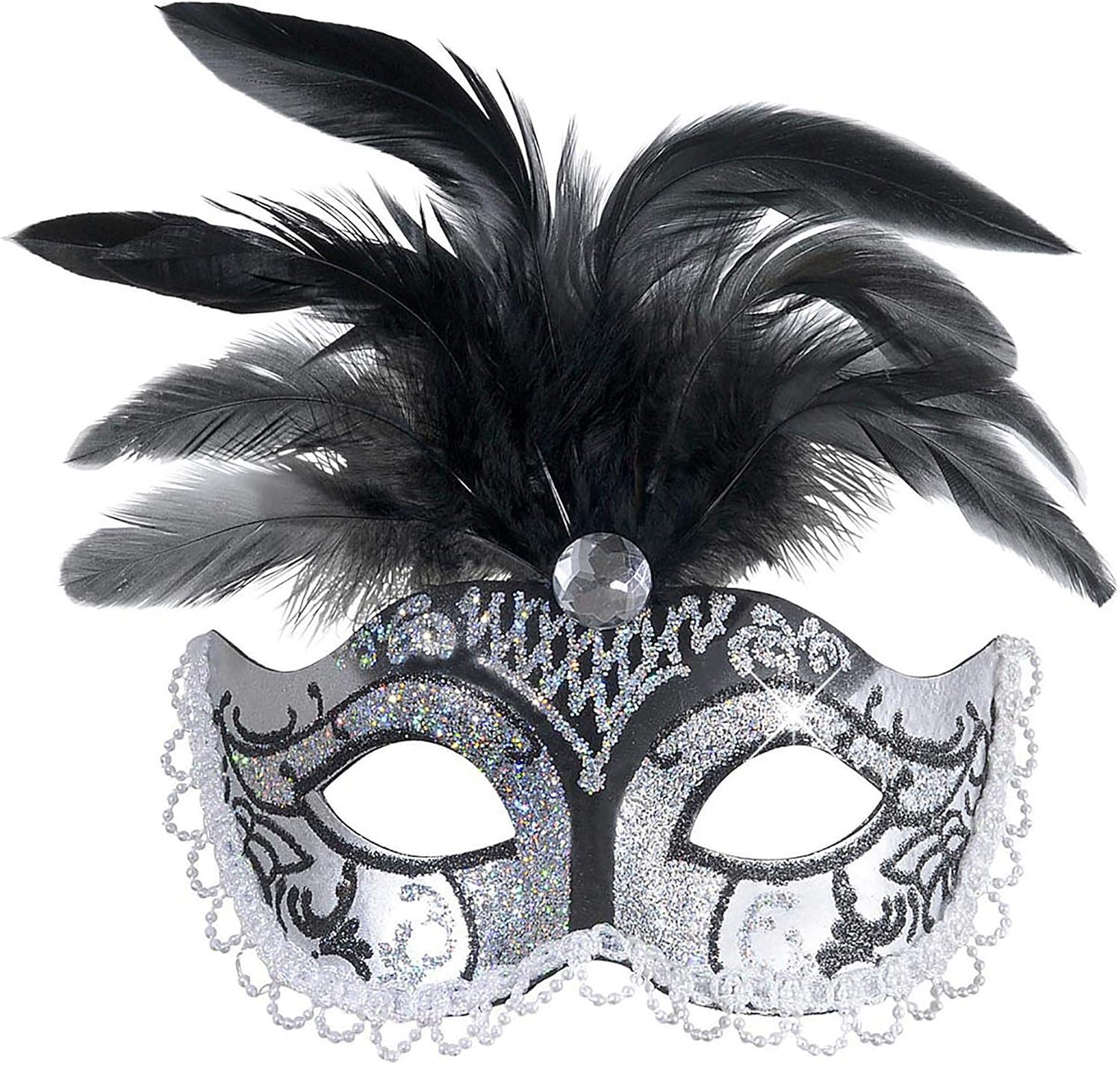Silver Black Glitter Eyemask withGem & Feathers Vanity Star Masks Eyemasks & Disguises for Masquerade Fancy Dress Costume Accessory