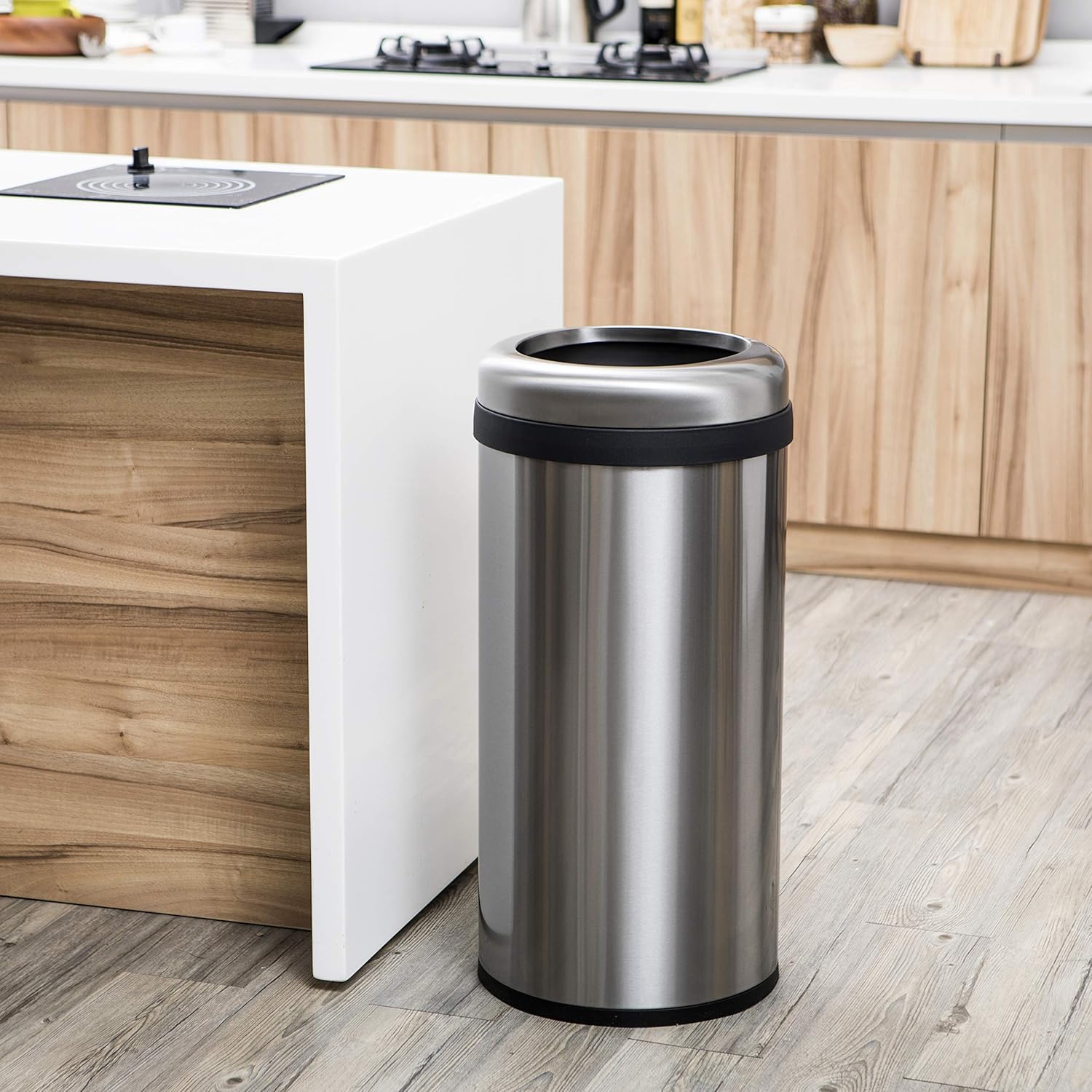 Home Zone Living 15.8 Gallon Kitchen Trash Can, Open Top Round Stainless Steel, 60 Liter: Home & Kitchen