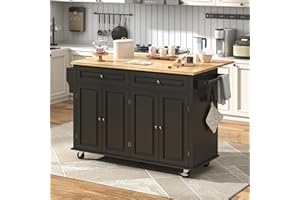 GITUA 59" W Rolling Kitchen Island with Drop Leaf – Movable Kitchen Carts on Wheels Island with Storage Cabinet, Island Table for Kitchen with Rubber Wood Top and Rack and Drawer, Matte, Black