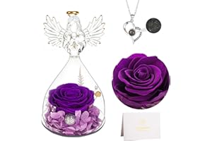 Lafloraita Mothers Day Rose Gifts for Women Mom Grandma Wife,Glass Angel Figurines with Necklace,Preserved Flowers Purple Real Rose on Anniversary Wedding Birthday
