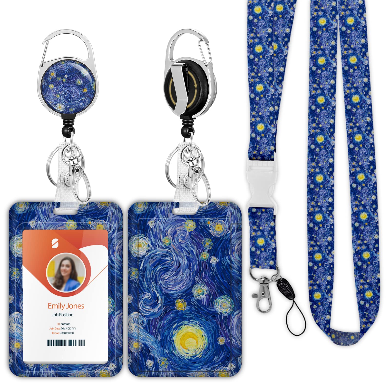 ID Badge Holder with Lanyard,Retractable ID Badge Card Holders Detachable Neck Lanyard Strap with Badge Reel and Vertical ID Holder for Nurse Students Teachers Office Staff(Starry Painting)