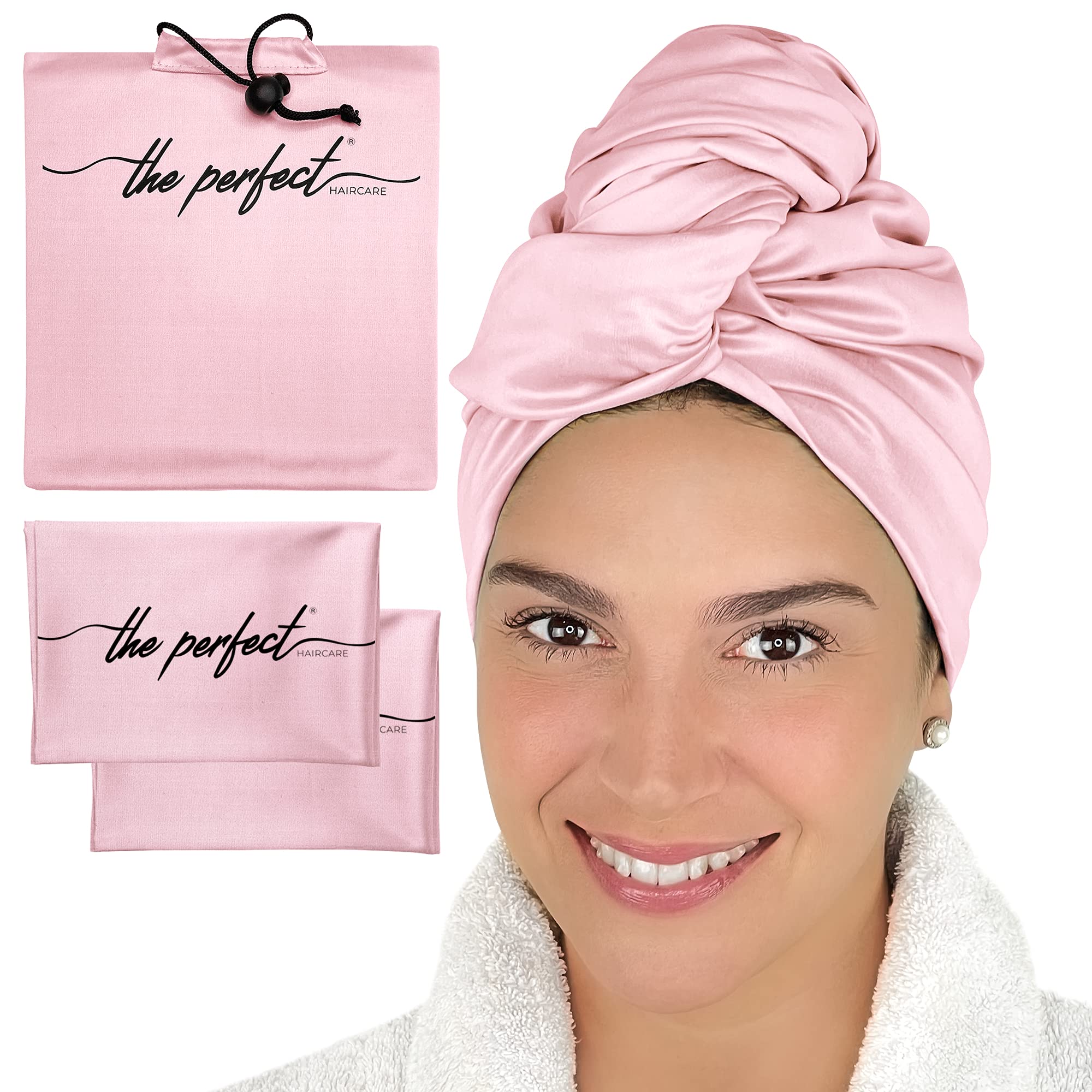 THE PERFECT HAIRCARE Hair Towel and Curl Scrunching Towel Set for Curly Hair Women and Girls - Wet Plopping SOTC & Micro-Plop - 1 Large Hair Wrap Towel Turban + 2 Small Towels (Pink)