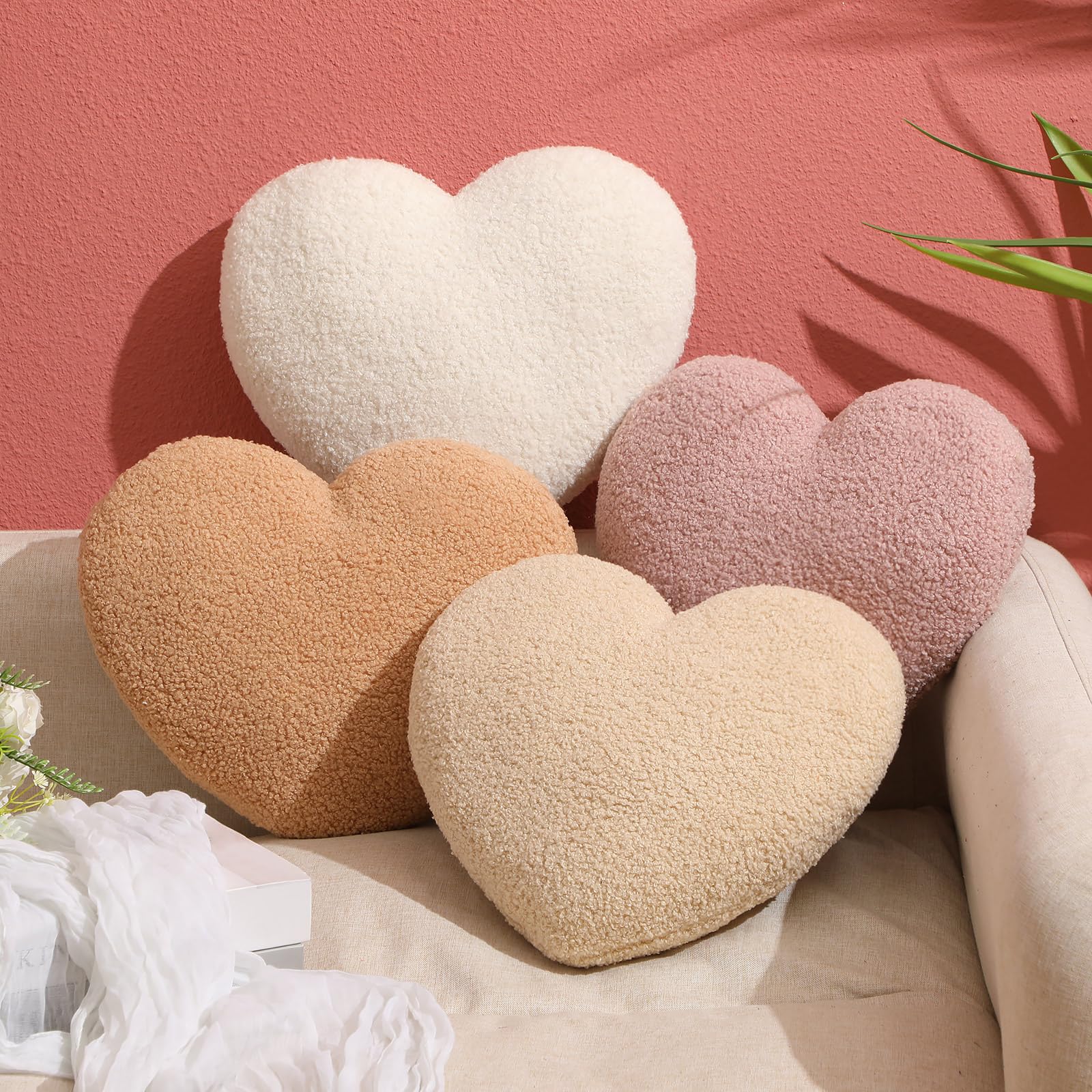 Photo 1 of 4 Pcs Valentine Pillows Heart Throw Pillows Decorative Sherpa Fluffy Heart Covers Soft Throw Cushion Valentine Gifts Cute Aesthetic Room Decor for Neutral Romantic Boho Home Decor 13.5 x 11.5 in