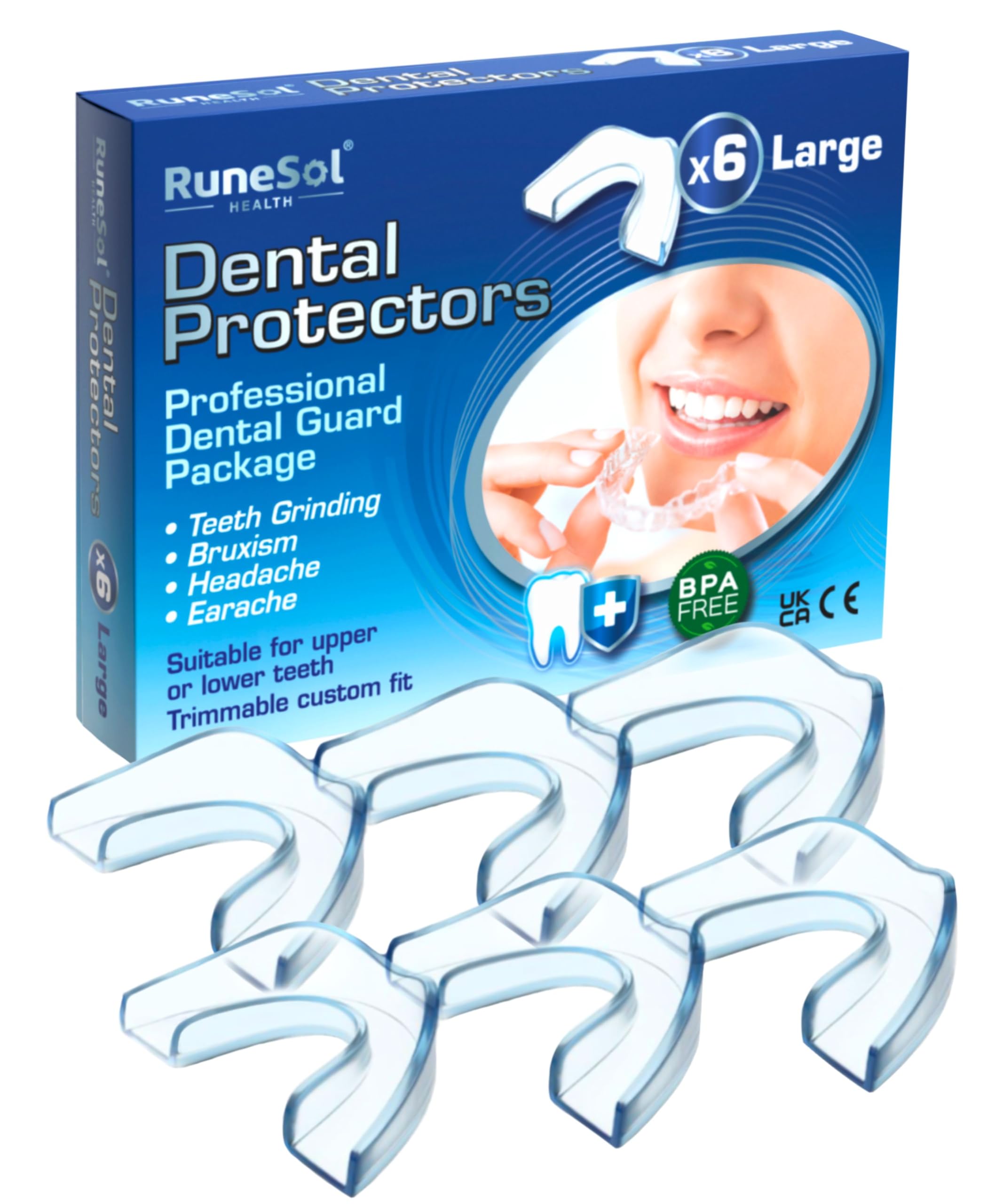 Runesol Mouth Guard for Grinding Teeth, 6 x Large, Gum Shield for Teeth Grinding, Bruxism Mouthguard, Night Tooth Guard for Adults, Stop Grinding Dental Protector, Class 1 Medical Device UKCA CE