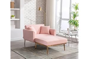 KINFFICT Convertible Chaise Lounge Chair, Modern Lounger Chair with 3 Adjustable Angles, Indoor Sleeper Sofa Bed with 2 Pillows, 400 LBS Weight Capacity, Pink Teddy