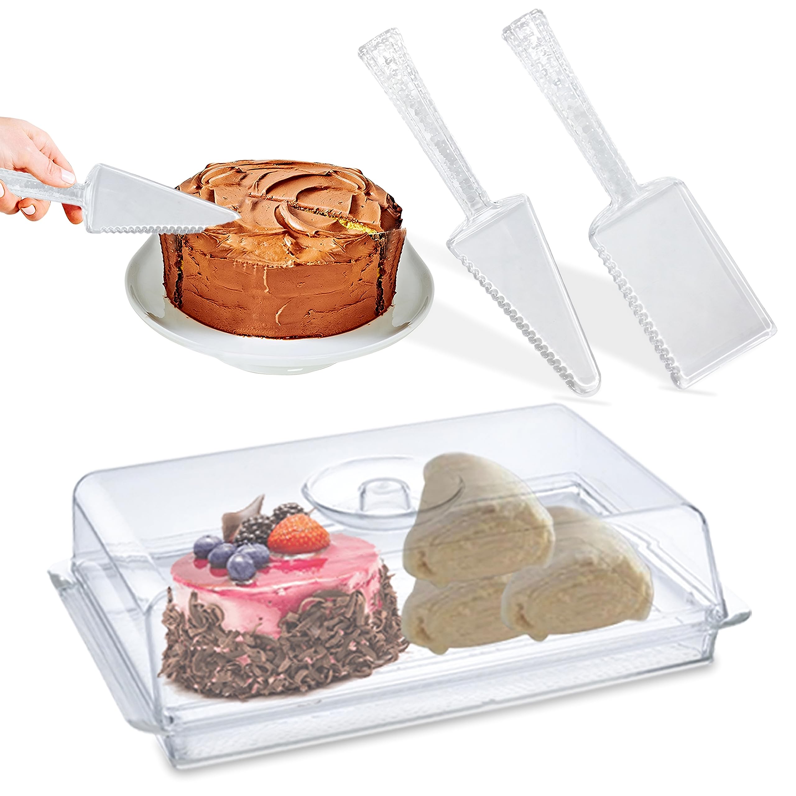Photo 1 of Fonteme Elegant Rectangular Acrylic Serving Tray Set - Perfect for Entertaining | Includes Dome Lid and Server Set - Great Trays for Serving Food, Appetizers, and Desserts with Ease and Sophistication