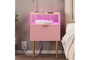 JOONEE Modern Nightstand with Charging Station and LED Lights, White Bedside Table with Drawer, Fluted Side Table for Living Room, Bedroom