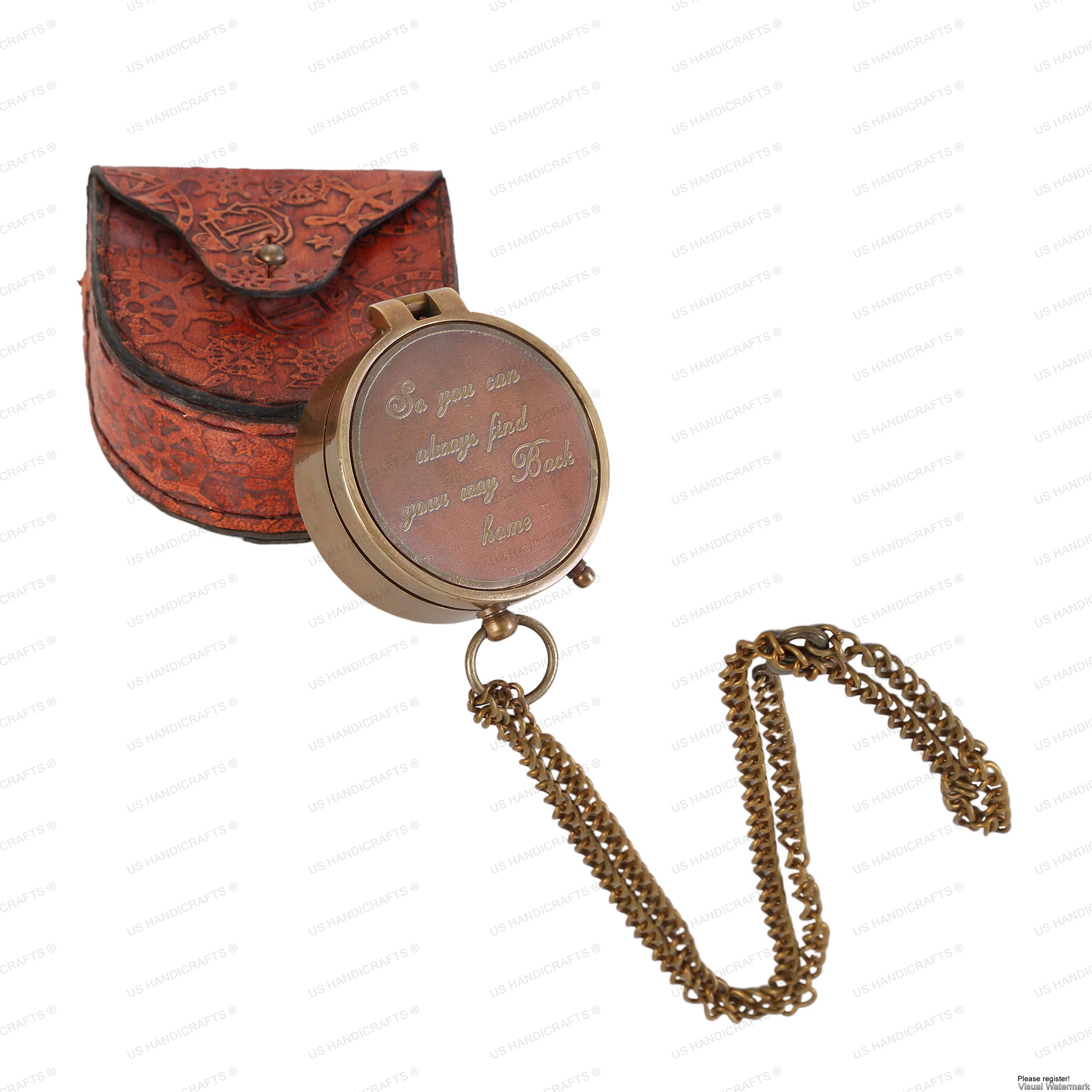 US HANDICRAFTS Brass Antique Finish Engraved Pocket Compass
