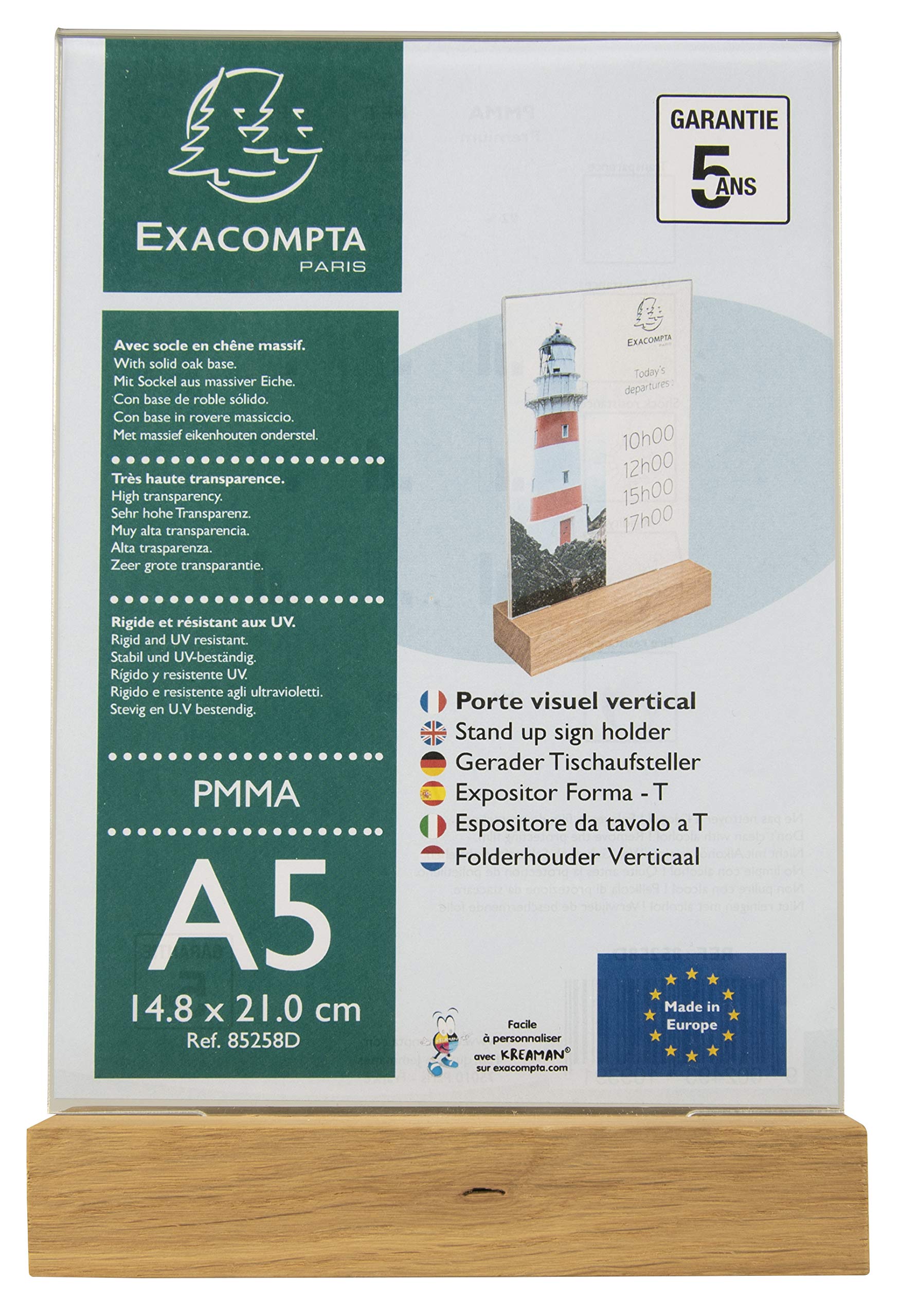 Exacompta - Ref 85258D - Sign Holder with Wooden Base - Suitable for A5 Documents, Solid Oak Plinth, Visible Both Sides, PMMA (Acrylic) Material, Rigid & UV Resistant - Clear
