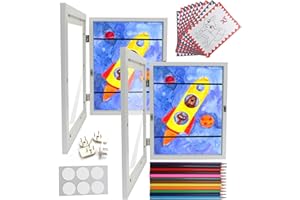 STRATFORD WORKS [2-Pack] Kids Art Frame – 8.5" x 11” Front Opening Artwork Frames for Kids Art with 12 Color Pencils, 10 Drawing Papers, Tempered Glass & Acrylic Sheet – Wall Mounted changeable artwork frames kidsHolds 50 Pcs, for 3D Picture, Crafts, Hanging Art (White)