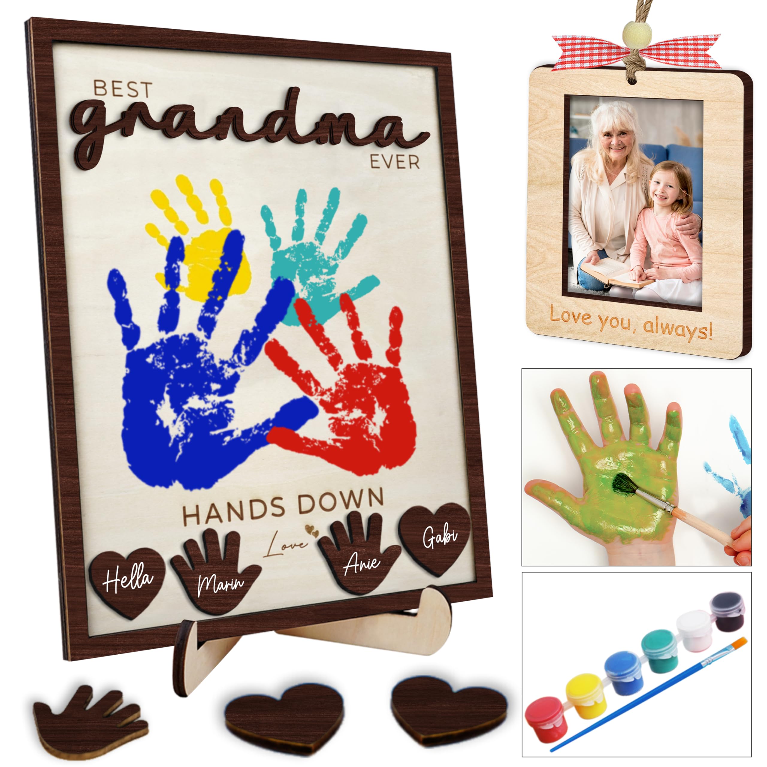 Photo 1 of 10" Hands Down Best Grandma Ever DIY Handprint Kids Frame with Paints, Car Picture Holder, Photo Ornament, Fridge Magnet, Art Craft Family Keepsake Birthday Father's Day Gift for Nana, Grammy HF620