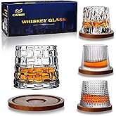 Whiskey Glasses Set 4,9 Oz Rotatable Tumbler Crystal Whiskey Glass, Drinking Glasses with 4 Pcs Creative Wooden Coasters and Gift Box - for Scotch,Bourbon,Cocktails