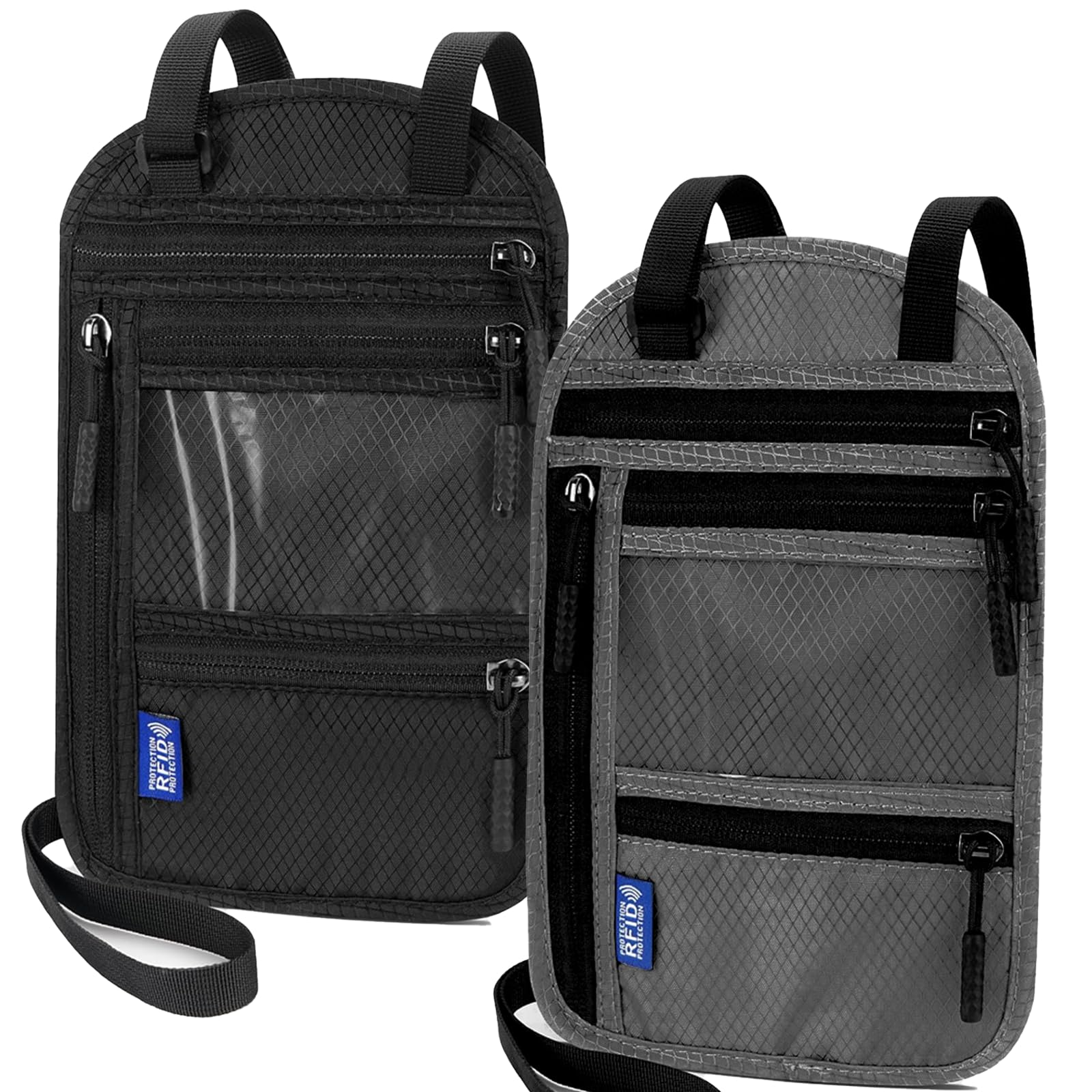 Photo 1 of 2-Pack Large RFID Blocking Passport Holder for Travel, Hidden Neck Wallet with Phone Pocket, Lightweight Under-Clothing Pouch Fits 7-inch phone & 2 Passports, Anti-Theft Organizer (Black & Dark Gray)