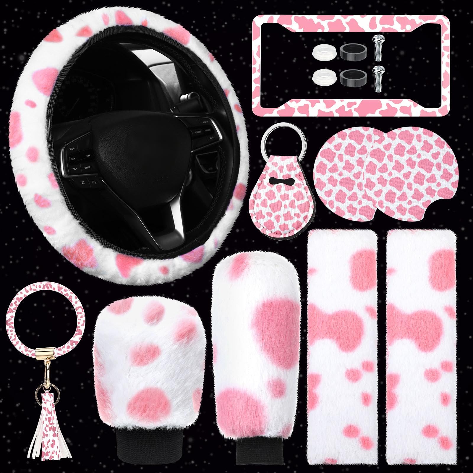 Photo 1 of 10 Pieces Cow Print Car Accessories Set Cow Fluffy Plush Steering Wheel Cover Shift Cover Handbrake Pad Cup Seat Belt Pad Bracelet Key Chain License Ornament for Women Car Interior(Pink)