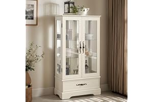 CKEASEAN Curio Cabinet 47" H Vintage Glass Display Cabinet with 3-Tier Adjustable Glass Shelves, Acrylic Mirrored Back Pane, Light Blub Included, China Cabinet for Living Room (White)