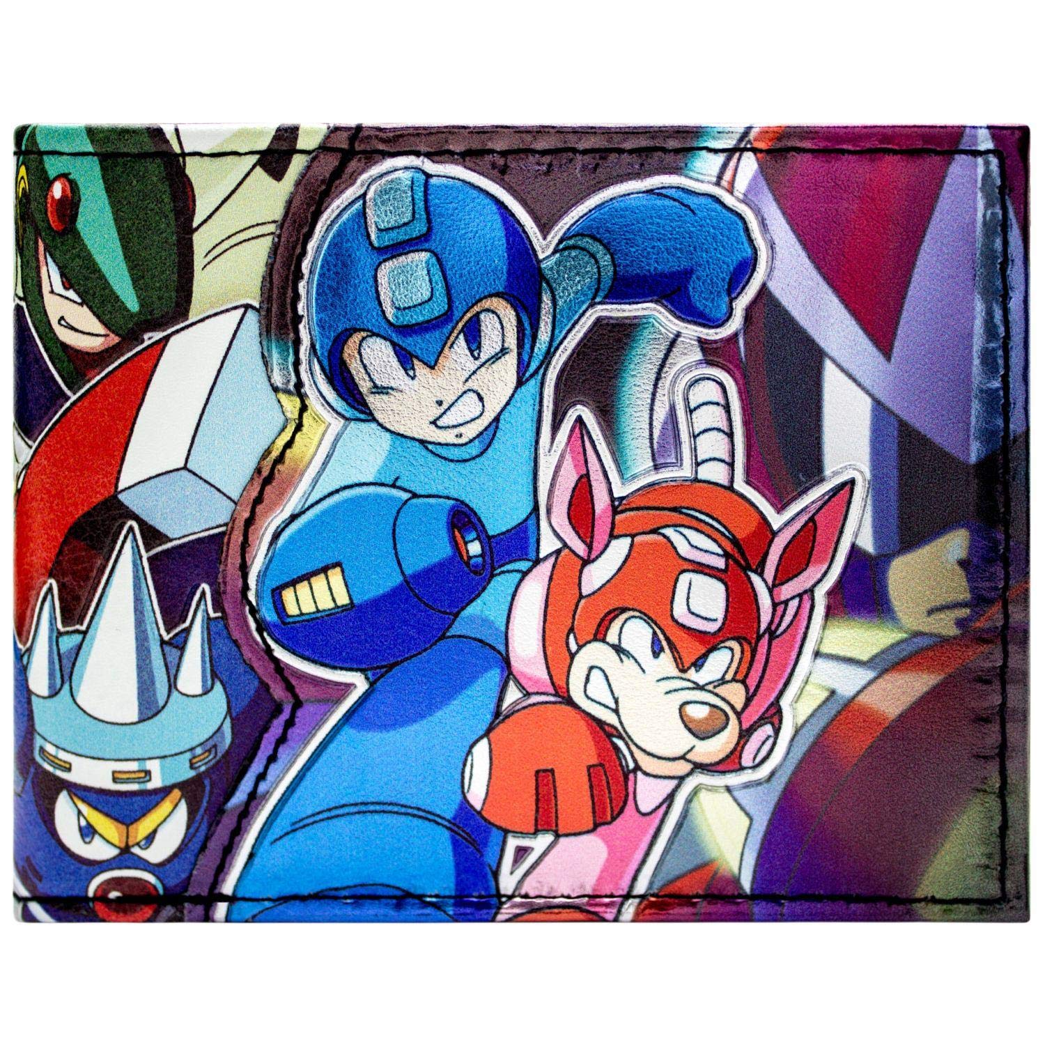 Mega Man & Rush All Game Charcters Metallic Wallet Bi-Fold ID & Card Holder, Blue
