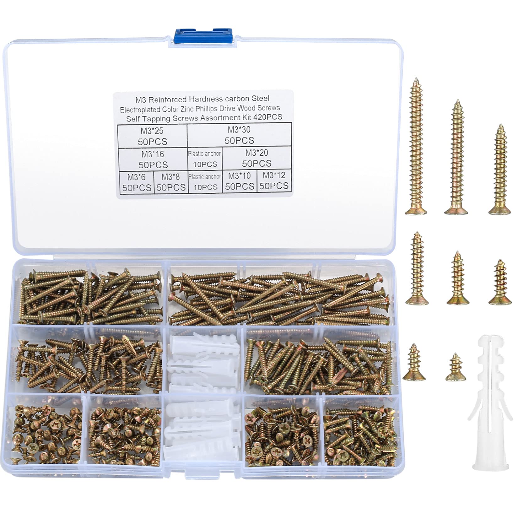 420 Pcs Brass Self Tapping Screws, Wood Self Drilling Flat Cross Head Screws Assortment Kit, Carbon Steel Galvanized Countersunk Head Screws with M6 Screw Anchors for Wood Furniture DIY