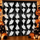 Fayoo 2 Pack Halloween Decorations Ghost Fringe Curtains 3.3 x 6.6 Ft | Black White Ghost Print, Halloween Party Decor, Tape, Halloween Streamers Decorations for Photo Booth Backdrop, Doorway, Wall