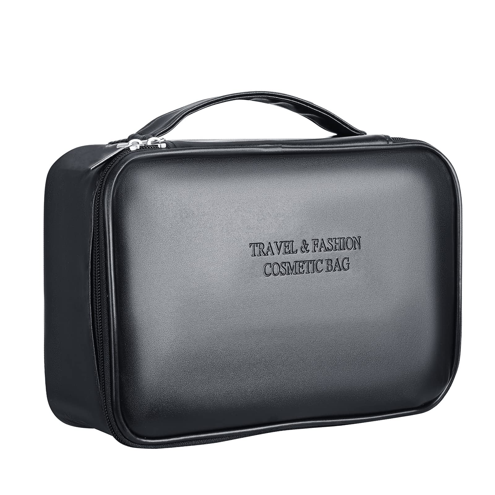 Makeup Bag, Travel Cosmetic Bag with Brush Slots, Large Makeup Bag for Women, Waterproof Travel Makeup Bag Organiser, Wash Bag, Portable PU Toiletry Storage Box for Girls (Black)