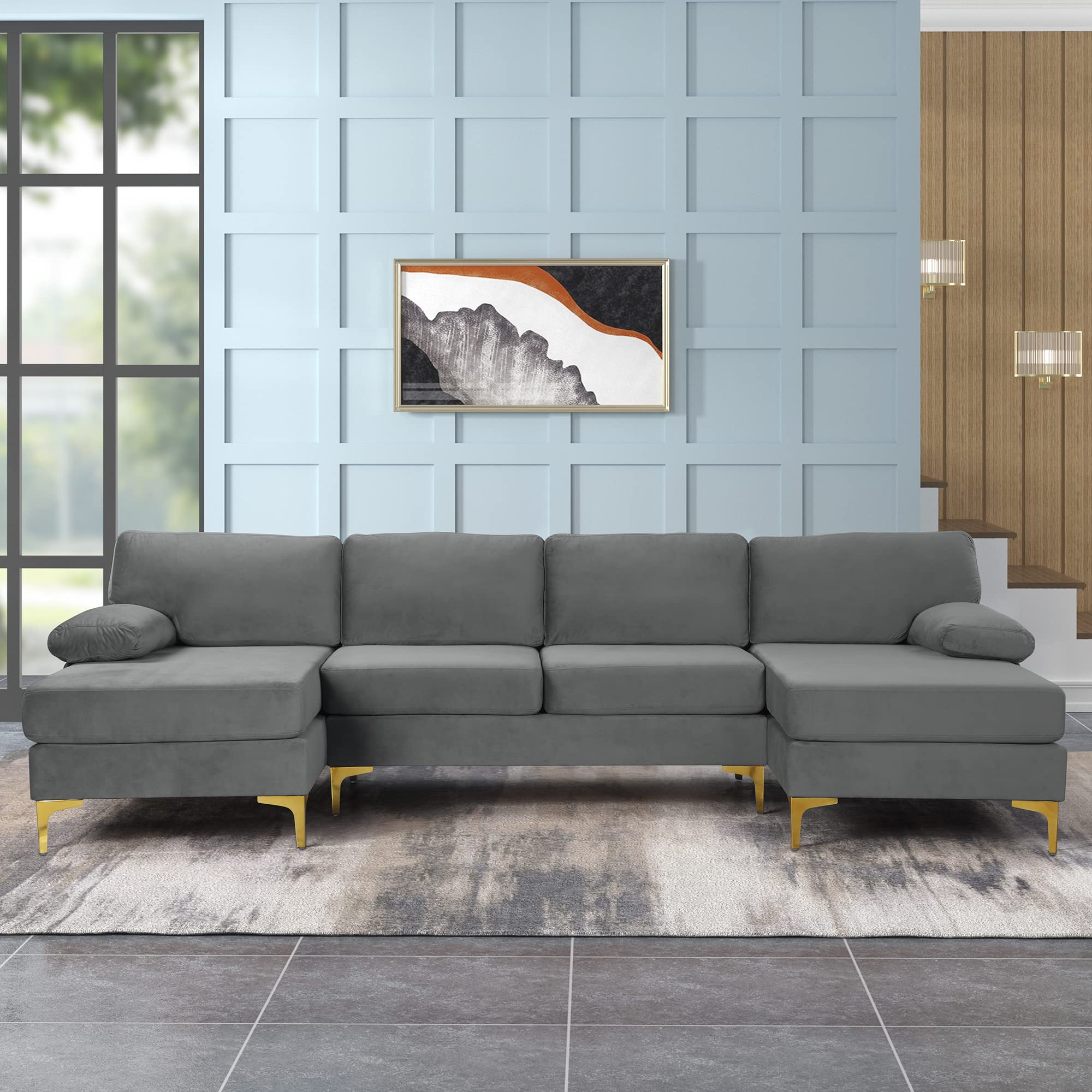Photo 1 of Casa Andrea Modern Modern Large Velvet Fabric U-Shape Sectional Sofa, Double Extra Wide Chaise Lounge Couch with Gold Legs