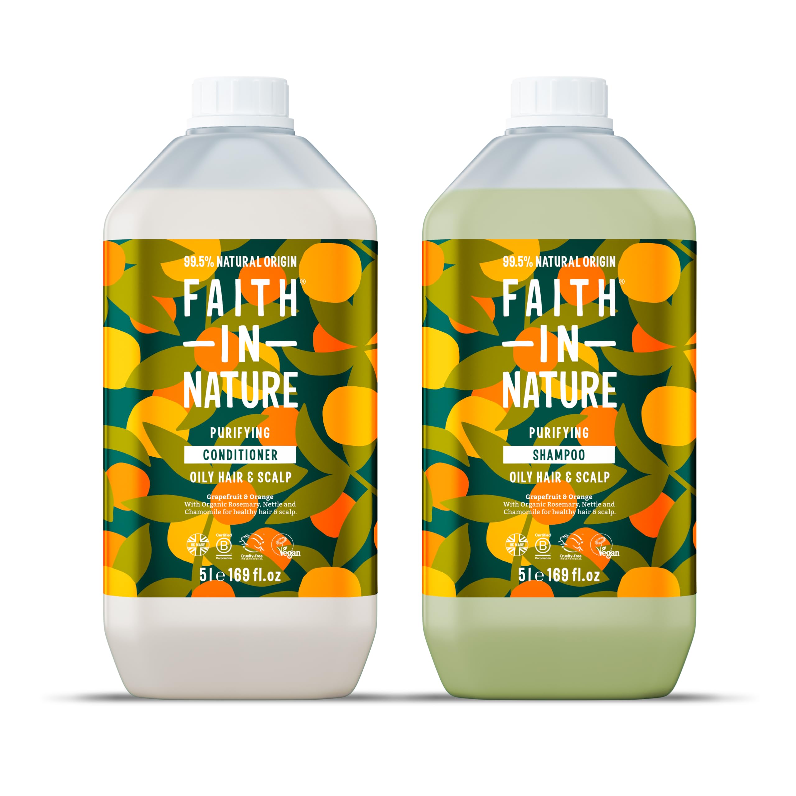 Faith In Nature Natural Grapefruit & Orange Shampoo and Conditioner Set, Invigorating, Vegan & Cruelty Free, No SLS or Parabens, For Normal to Oily Hair, 2 x 5L Pack