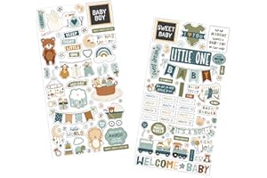 TRENDZEEN Baby Scrapbook Supplies - Baby Accent for Scrapbooking, Photo Album, DIY Crafts - Scrapbook Chipboard Baby Boy Inspired Embellishments with Cute Phrases, Toys, Blue Aesthetic Design - 2 Items