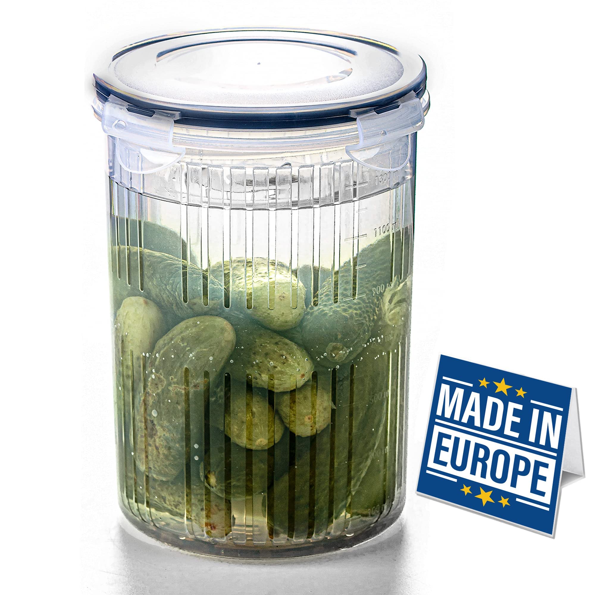 Crystalia 50oz 1500ml Pickle Jar with Strainer 100% BPA FREE Pickle Container with Strainer, Pickle Holder Lifter Bucket of Pickles Barrel of Olive Jalapeno Leak Proof and Lock It Lid Pickle Strainer