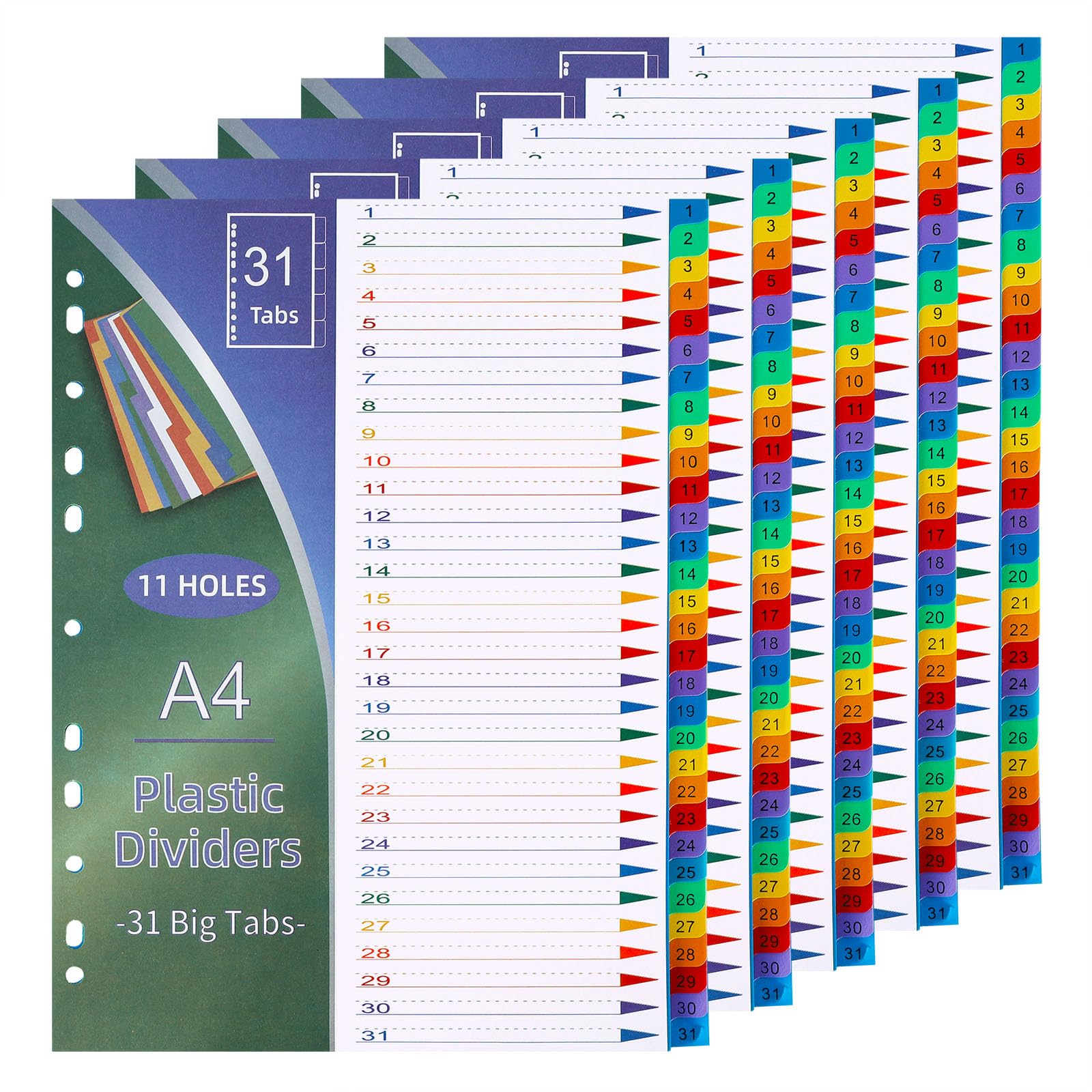 komstuon A4 Plastic Folder Dividers Multi Colours 1-31 Number,5 Sets，File Dividers Multipurpose Index Dividers for Home,School and Office