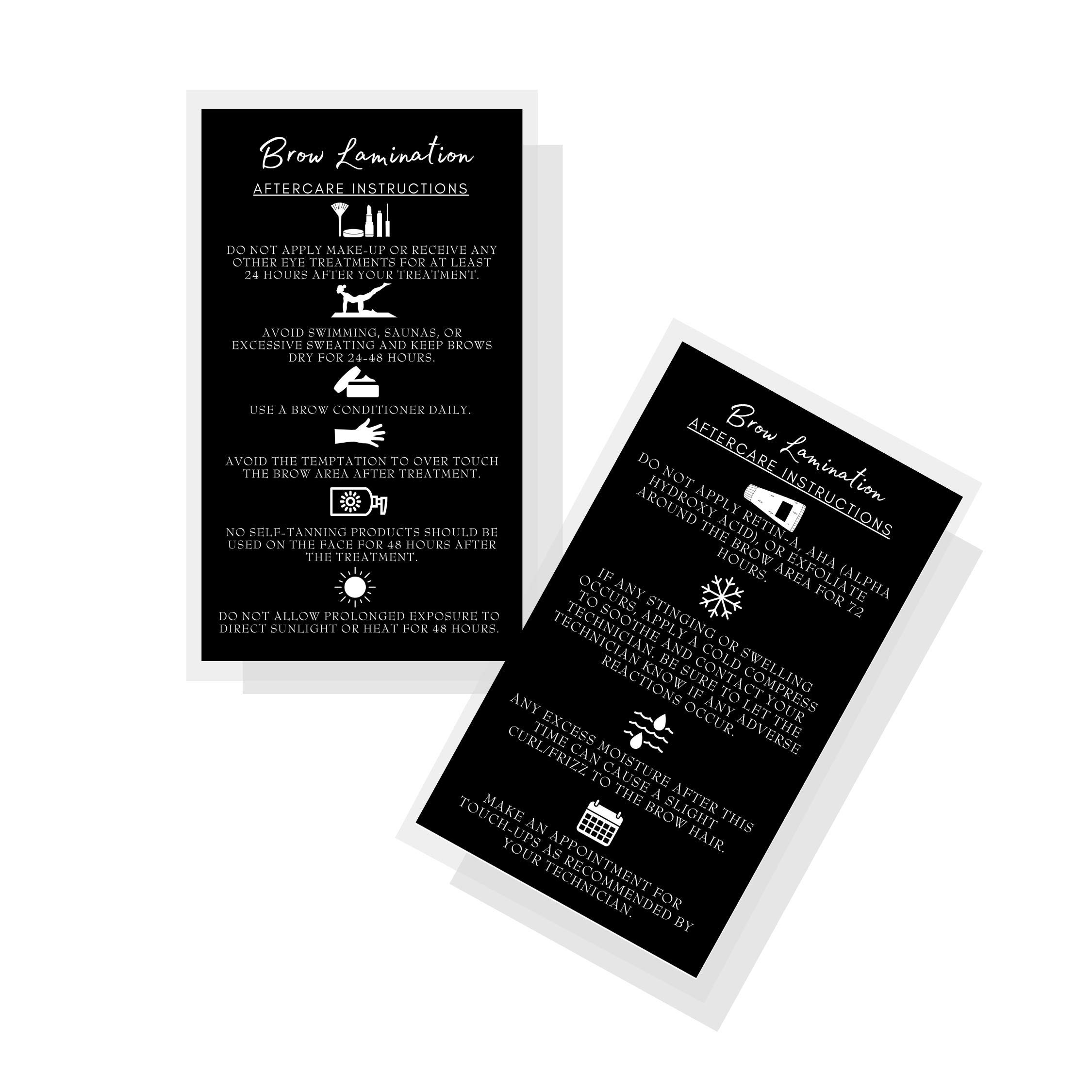 Boutique Marketing LLC Brow Lamination Aftercare Instruction Cards 50 Pack 2x3.5” inches Business Card Size Starter Lift Kit At Home DIY Brow Lift and Tint