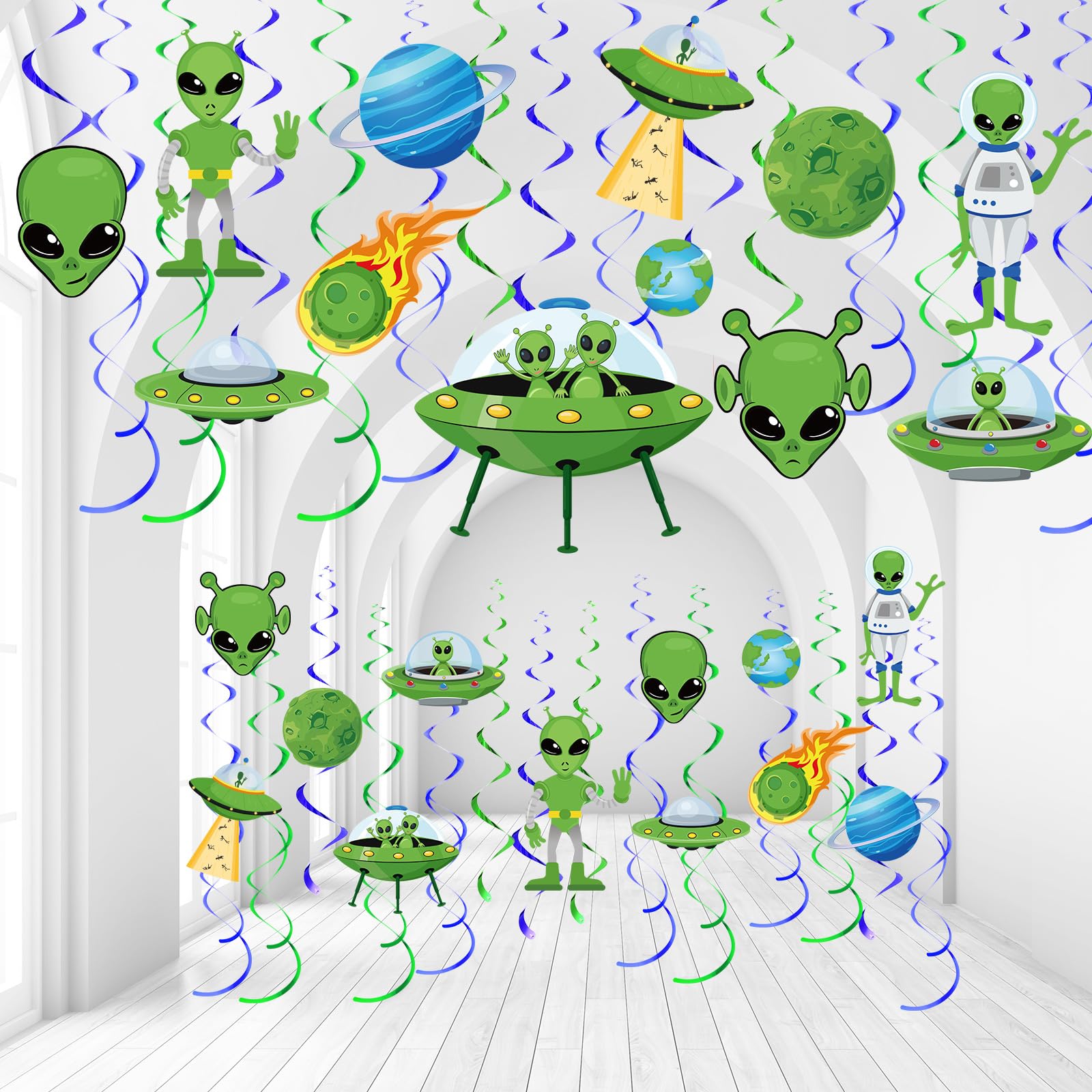 Photo 1 of Capoda 54 Pcs Alien Decorations Hanging Swirls No DIY UFO Theme Party Ceiling Decorations Green Alien Outer Space Saucer Man Hanging Swirls for Boys Girls Halloween Birthday Baby Shower Supplies