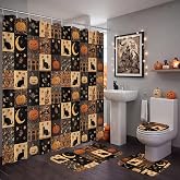 Boao 4 Pcs Halloween Patchwork Shower Curtain Set 71x71 Inch, Black Cat | Vintage Pumpkin Bathroom Curtain with 12 Hooks, Retro Foam Bath Mat, Toilet Lid Cover and U-shaped Rug for Spooky Home Decor