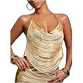 SweatyRocks Women's Fringe Cowl Neck Halter Top Sexy Tie Backless Fitted Crop Night Out Tops