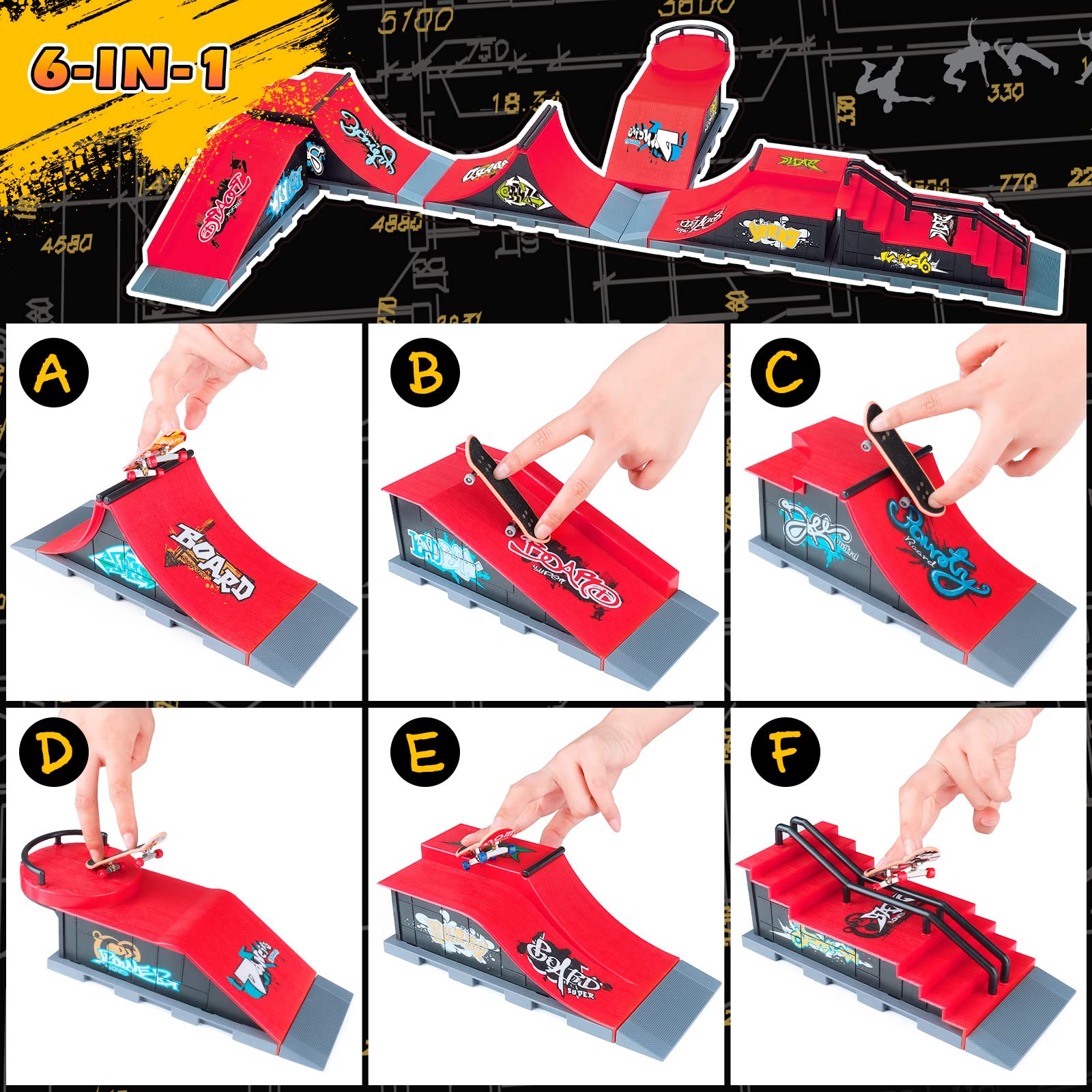 Finger Skateboard Ramps Set, 6-in-1 Bigger Fingerboard Skatepark Skate Park Kit Training Props with 6 Finger Skateboard 6 Finger Deck & Display Holder Finger Skate Toys for Kids & Adults Gifts